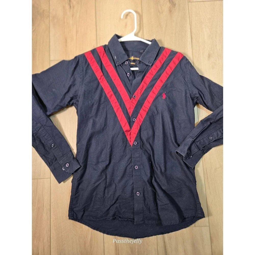 Vtg Polo Ralph Lauren Button Up Shirt Mens Small Black Red V Stripe Long Sleeve